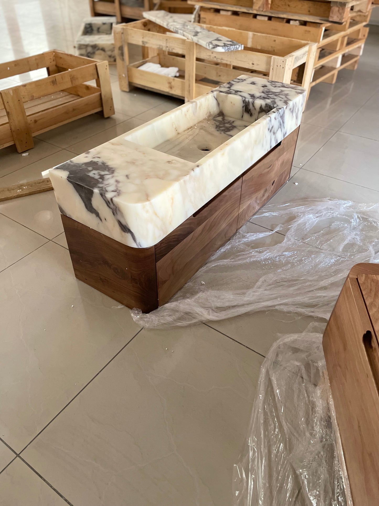 Custom Order Wall Mounting Calacatta Viola Sink, Natural Wooden Base, Walnut Wooden Base, (W)43'', (D)14'', (H)6”