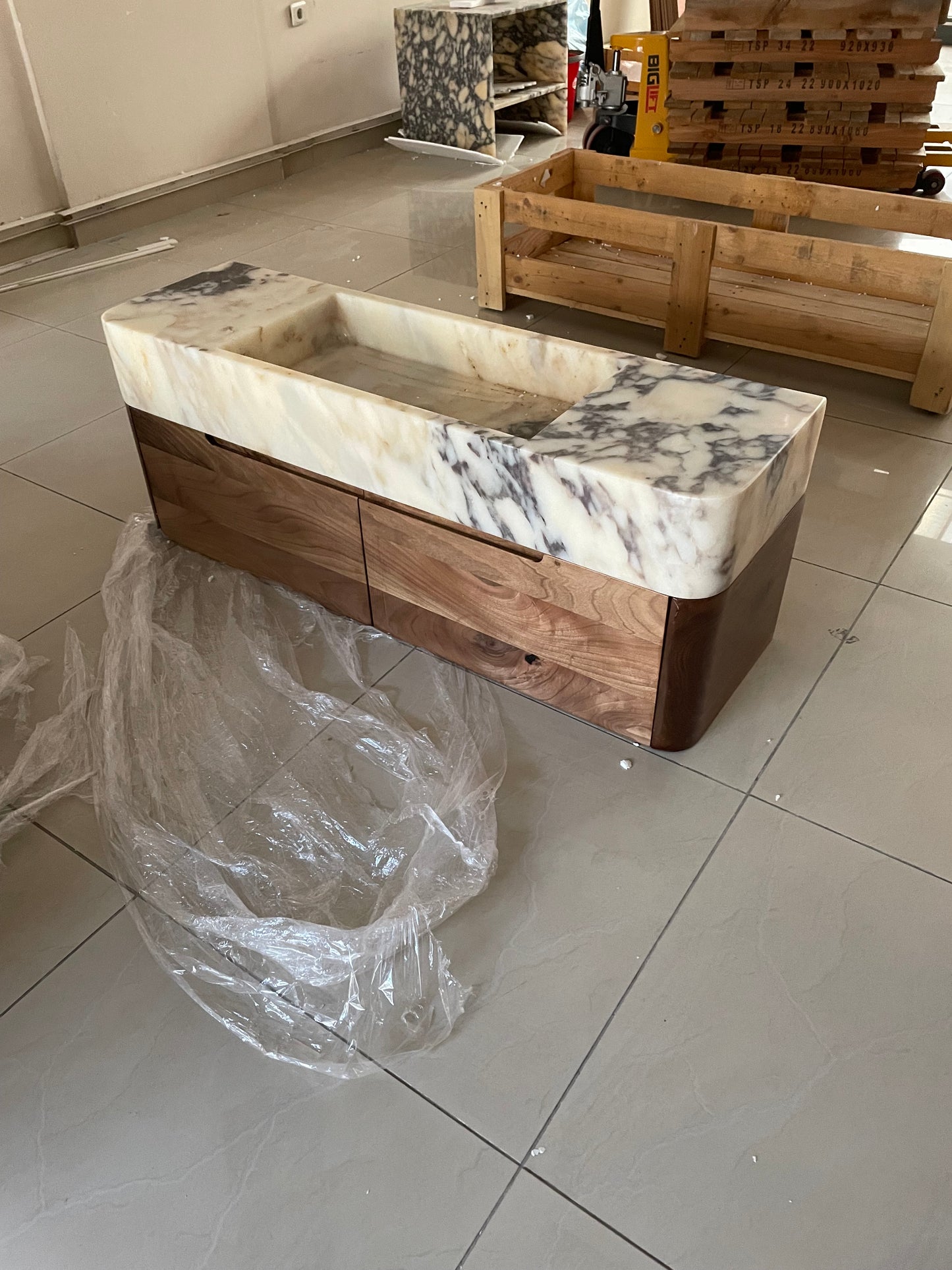 Custom Order Wall Mounting Calacatta Viola Sink, Natural Wooden Base, Walnut Wooden Base, (W)43'', (D)14'', (H)6”