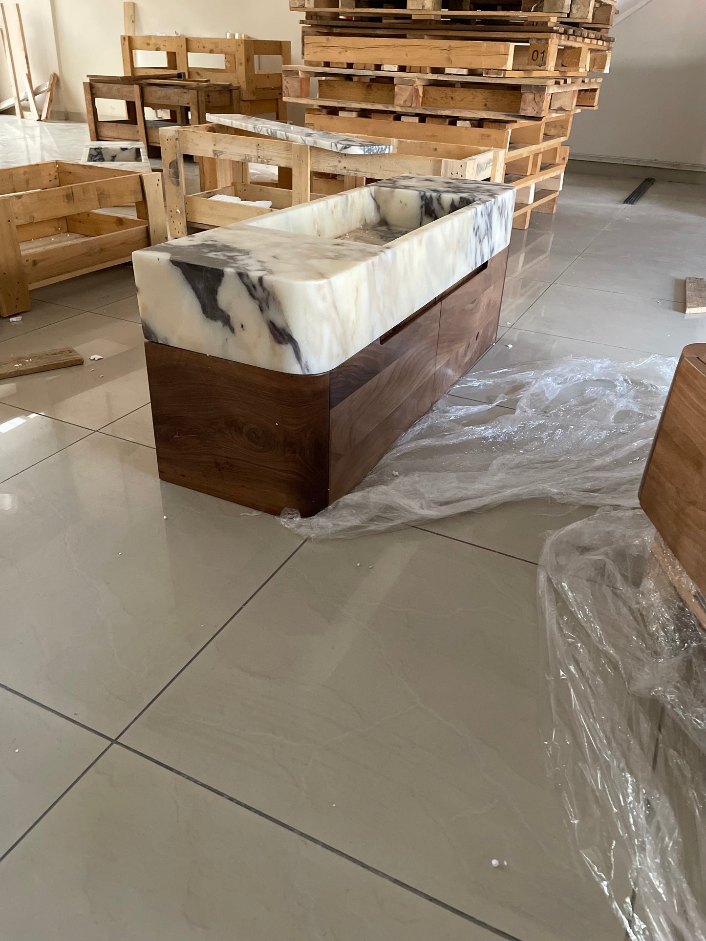 Custom Order Calacatta Viola Marble Single Sink (W)48'', (D)18'', 3 Tap Holes, Wooden Base