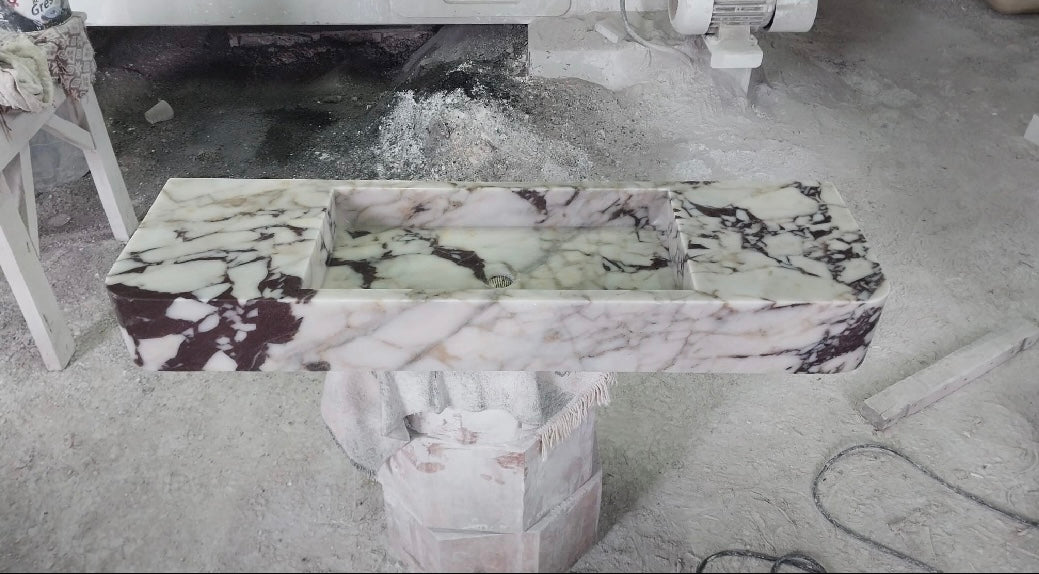 Custom Order Wall Mounting Calacatta Viola Sink, Natural Wooden Base, Walnut Wooden Base, (W)43'', (D)14'', (H)6”