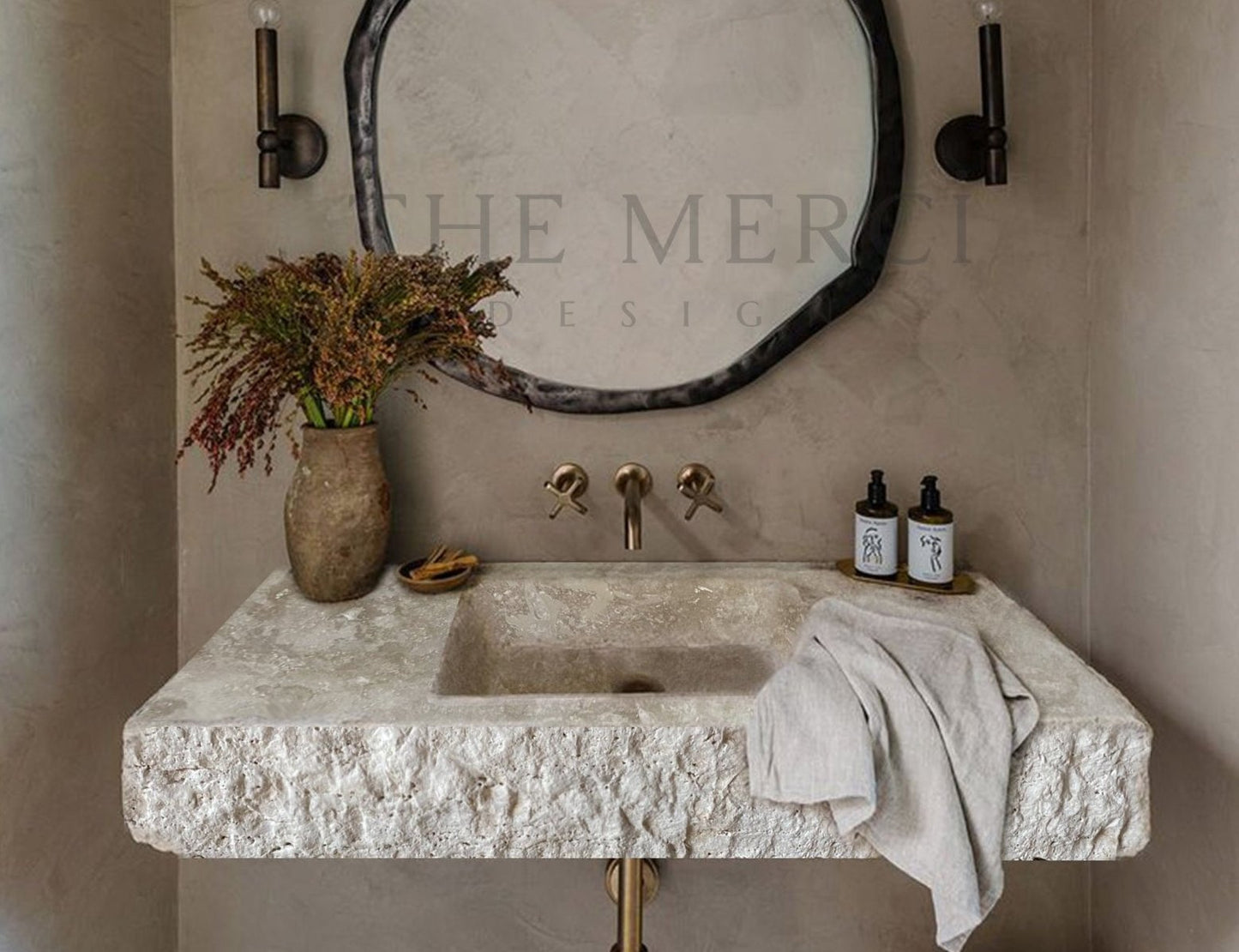 Custom Order Beige Travertine Wall Mounting Sink, Rustic Bathroom Sink, Rustic Classic Travertine Sink, Powder Room Sink, W(25)'' x D(16)'' x H(6)", H(8)" Backsplash