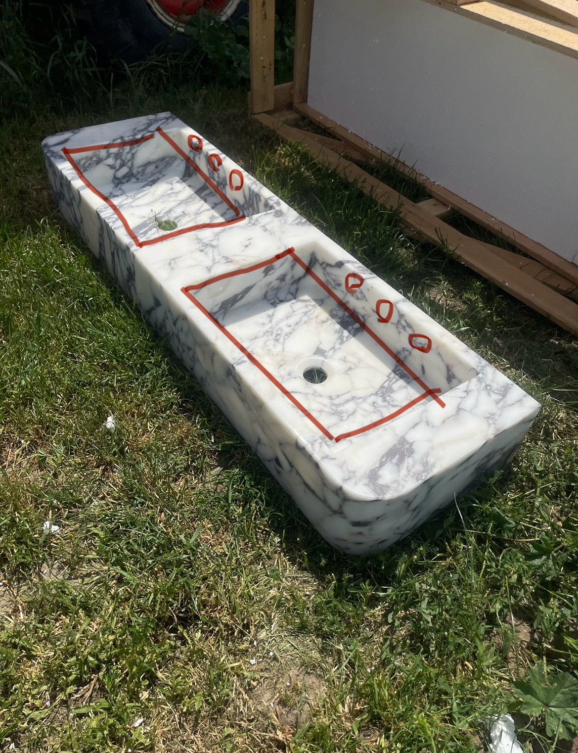 %50 payment, Custom Order Calacatta Viola Marble Double Sink (W)65'', (D)21'', 6 Tap Holes, Wooden Base