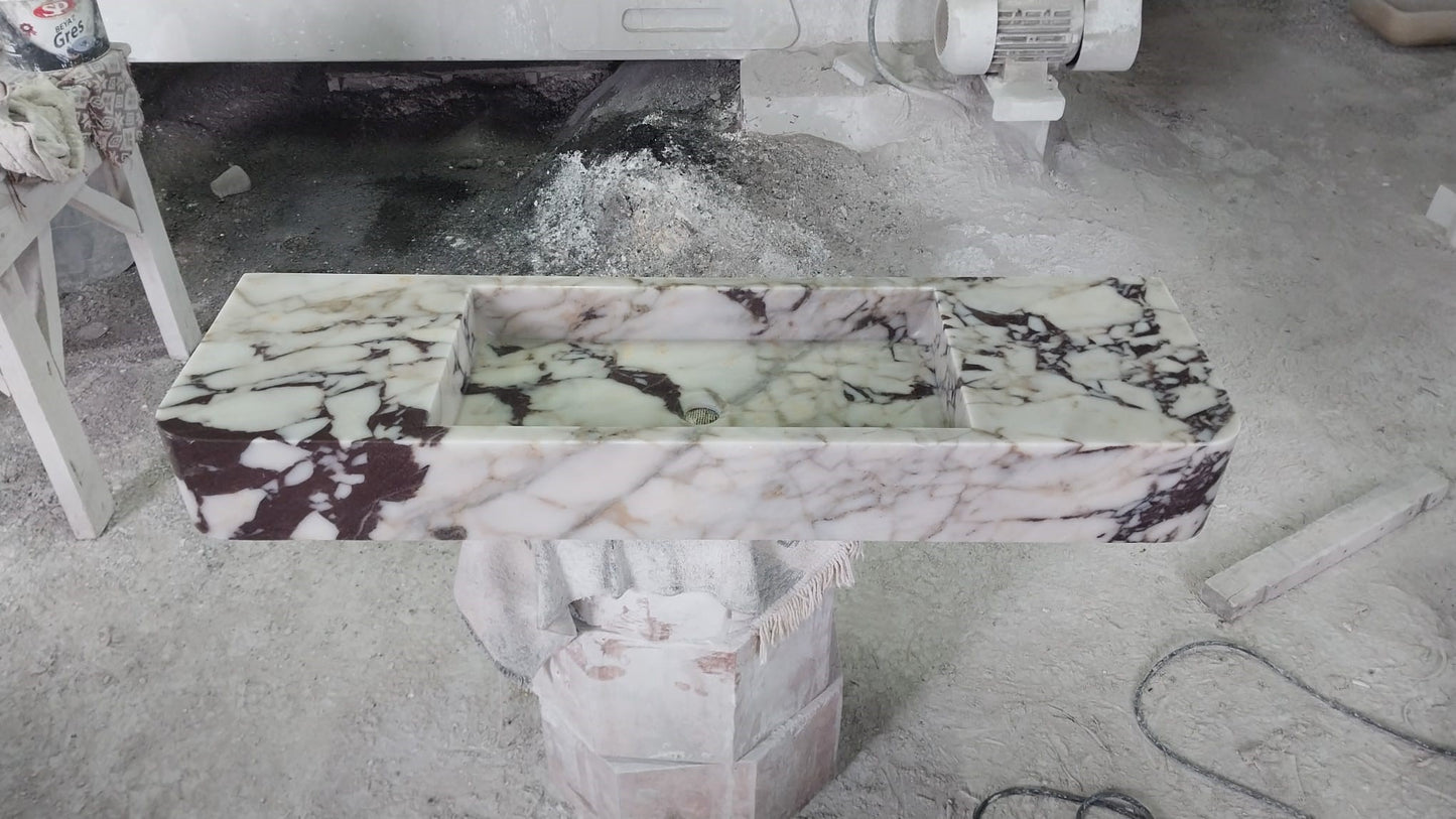 Custom Order Wall Mounted Calacatta Viola Marble Single Sink, Handmade Marble Bathroom Vanity Sink, Marble Sink (W)47'', (D)14'', (H)6"