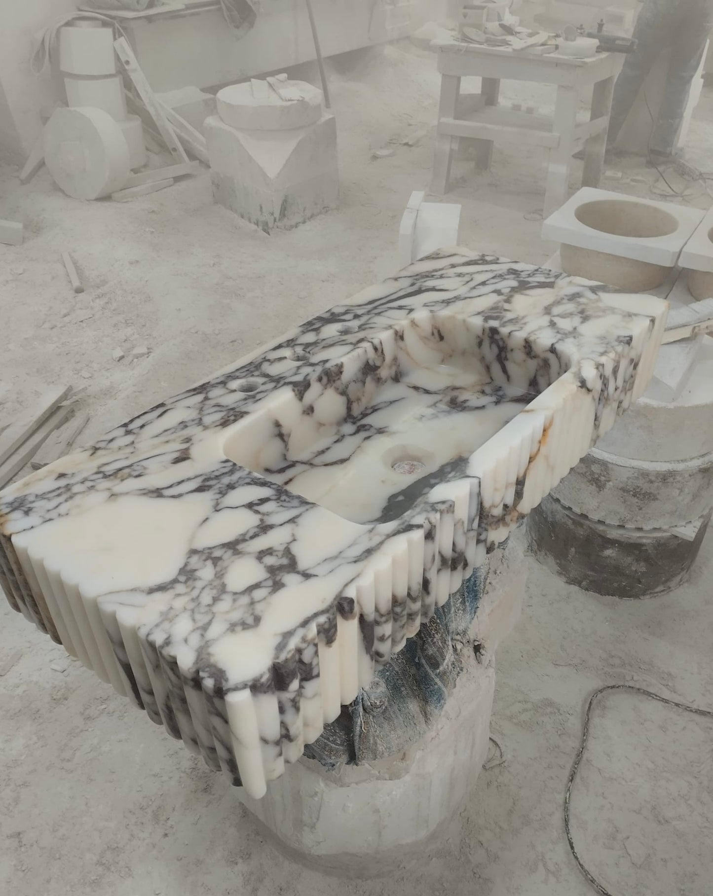 Custom Order Calacatta Viola Marble Double Sink (W)36'', (D)16'', Dark Wooden Base