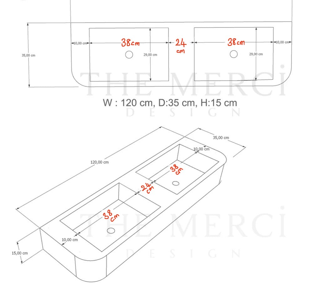 Custom Order Wall Mounted Calacatta Viola Marble Double Sink, (W)47'', (D)14'', (H)6", Wooden Base