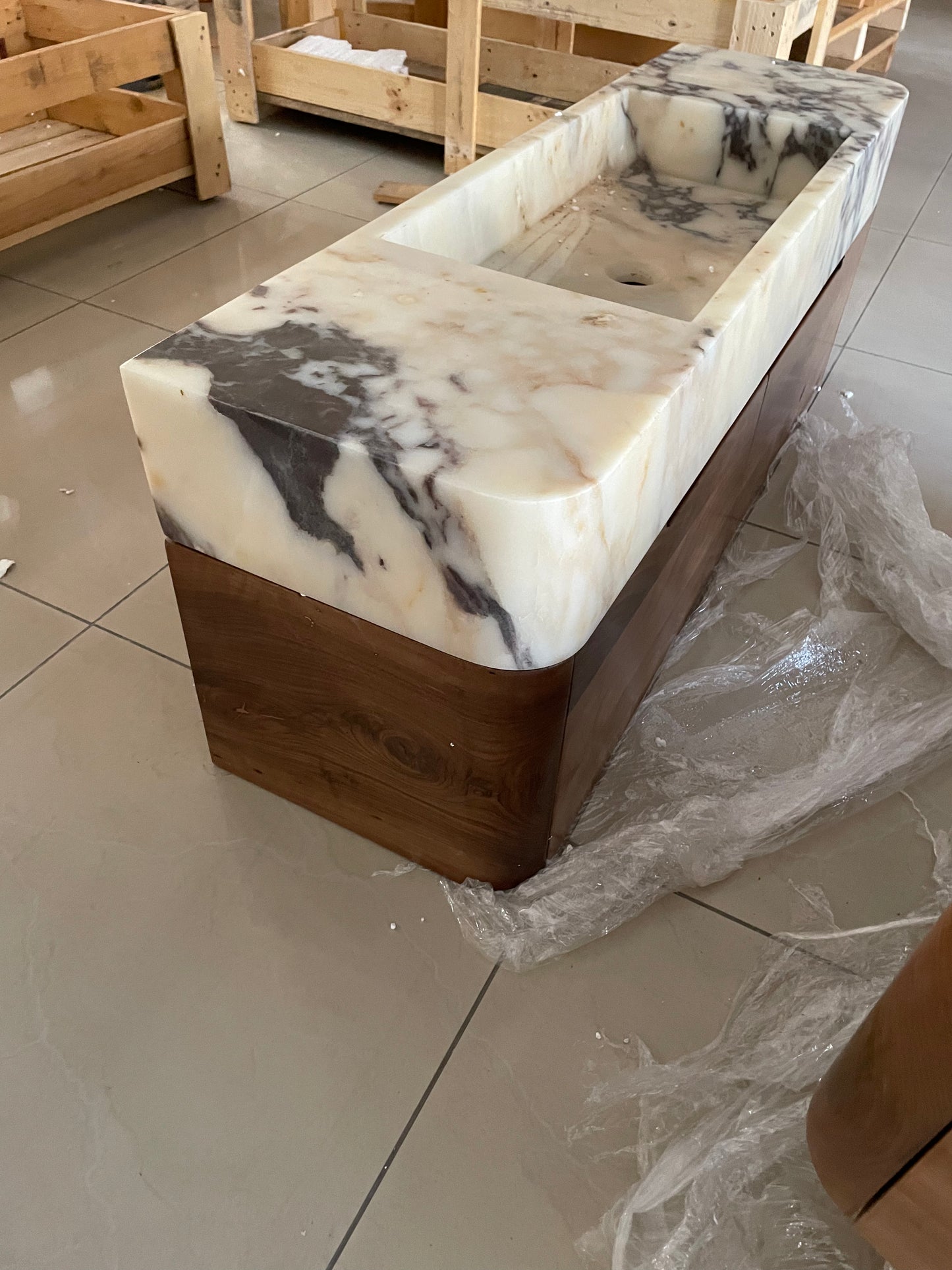 Custom Order Wall Mounted Calacatta Viola Marble Sink, Handmade Marble Bathroom Vanity Sink, Wooden Base (W)60'', (D)20''