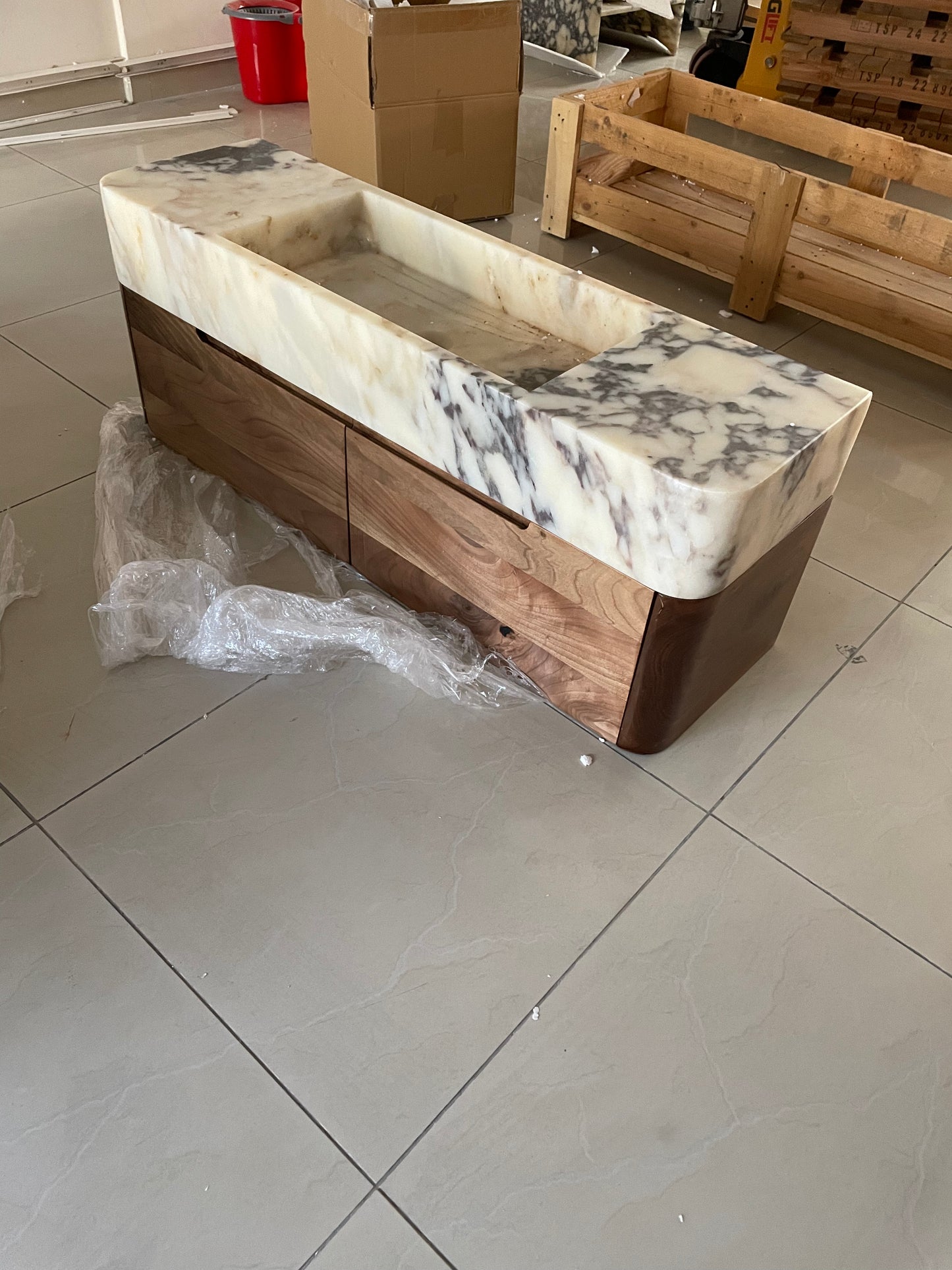 Custom Order Wall Mounted Calacatta Viola Marble Sink, Handmade Marble Bathroom Vanity Sink, Wooden Base (W)60'', (D)20''