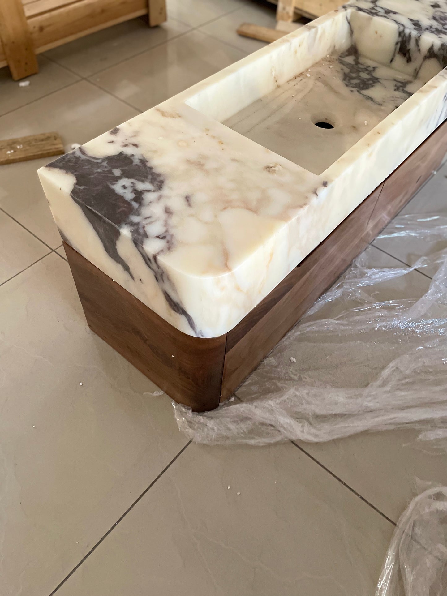 Custom Order Wall Mounted Calacatta Viola Marble Sink, Handmade Marble Bathroom Vanity Sink, Wooden Base (W)60'', (D)20''