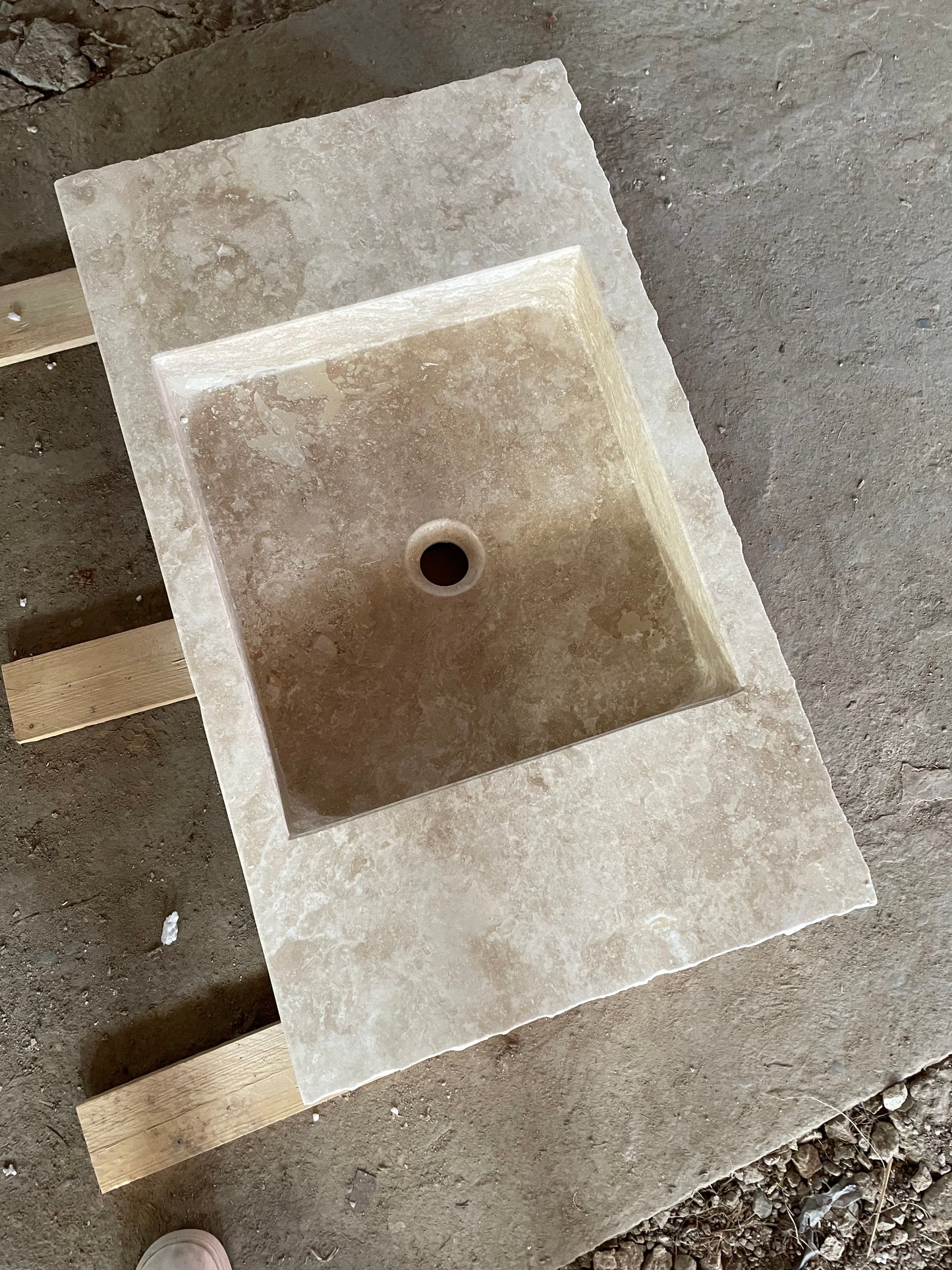 Custom Order Beige Travertine Wall Mounting Sink, Rustic Bathroom Sink, Rustic Classic Travertine Sink, Powder Room Sink, (W)30'' x (D)18'' Sink and Wooden Base