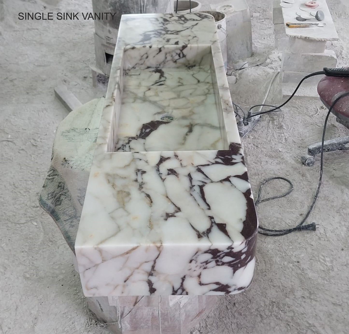 Custom Order Wall Mounted Calacatta Viola Marble Sink, Handmade Marble Bathroom Vanity Sink, Wooden Base (W)60'', (D)20''