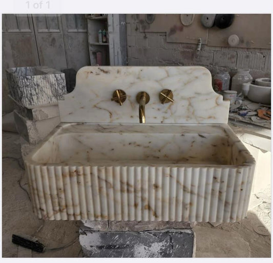 Custom Order Wall Mounted Calacatta Gold Marble Sink, Handmade Powder Room Vanity Sink, Marble Double Sink (W)60, (D)45, (H)20 cm, (H)27.5 cm Backsplash