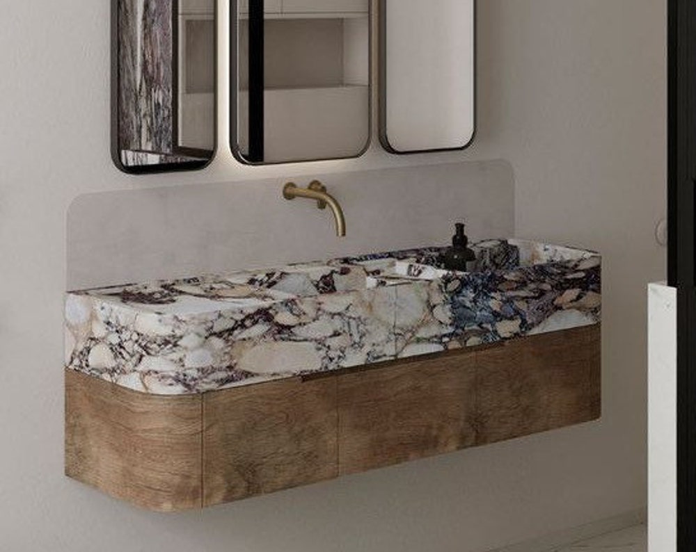 Custom Order Wall Mounted Calacatta Viola Marble Sink, Handmade Marble Bathroom Vanity Sink, Wooden Base (W)60'', (D)20''